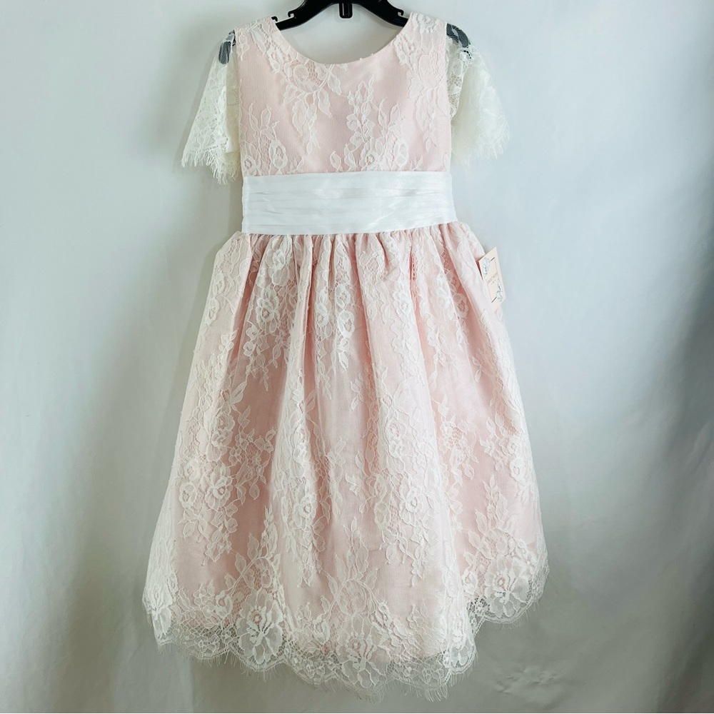 Sweet Kids Soft French Lace  with Dupioni Girls Dress SK724 Blush Color - Picture 3 of 13